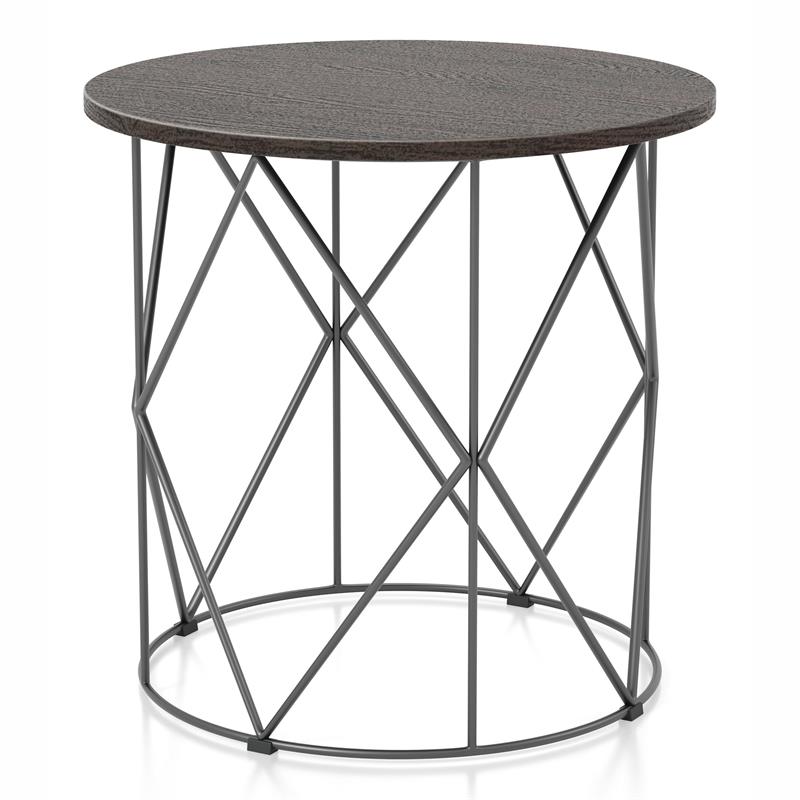 Bowery Hill Industrial Wood Round End Table in Walnut with Steel Base
