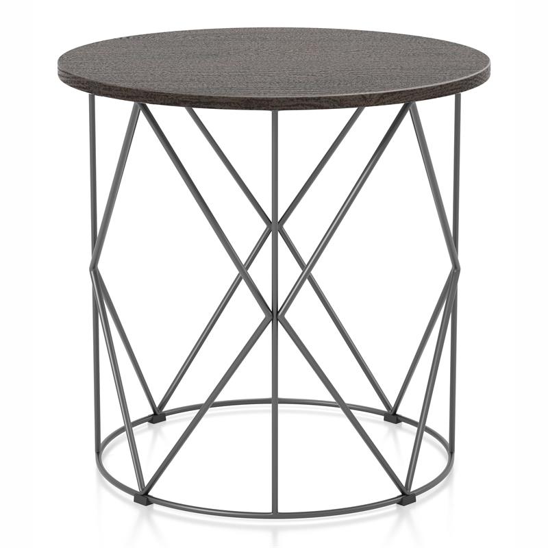 Bowery Hill Industrial Wood Round End Table in Walnut with Steel Base