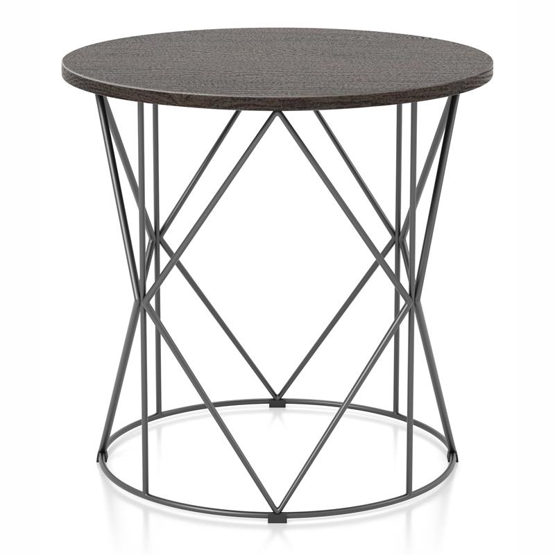 Bowery Hill Industrial Wood Round End Table in Walnut with Steel Base