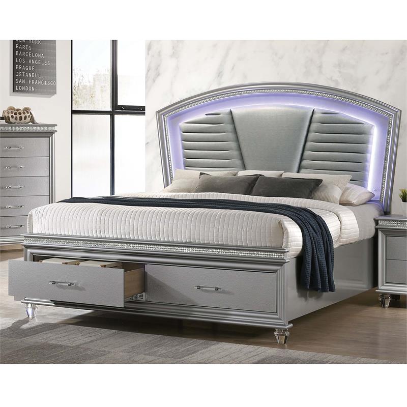 Bowery Hill Contemporary Wood Queen Bed with LED in Silver Finish