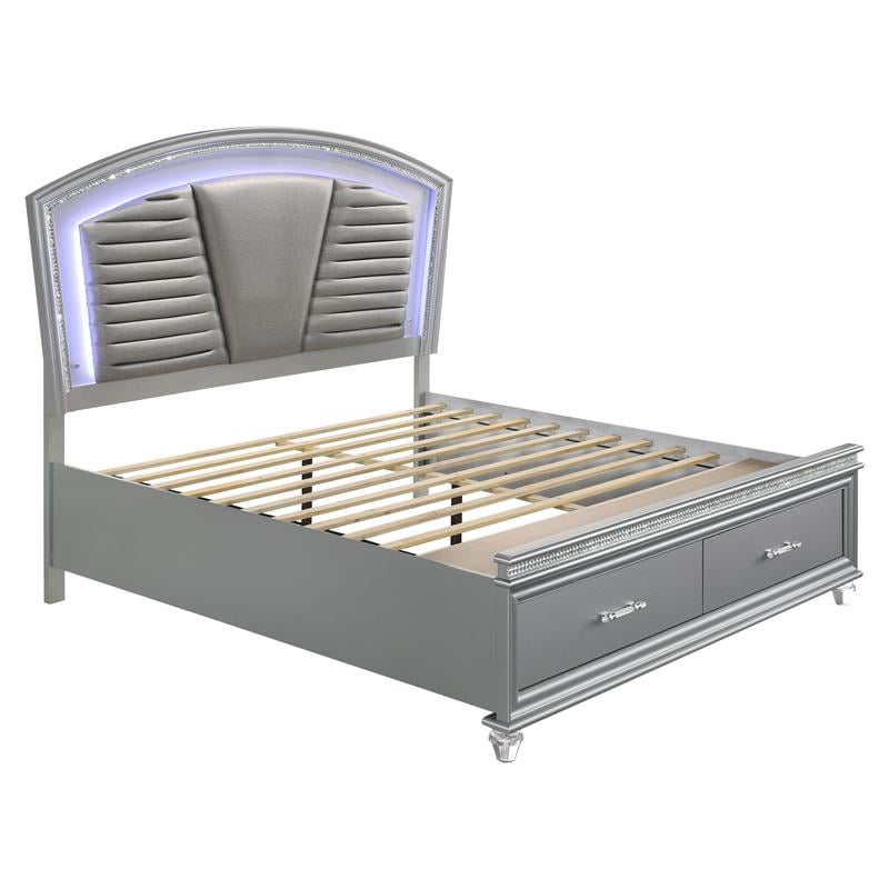 Bowery Hill Contemporary Wood Queen Bed with LED in Silver Finish