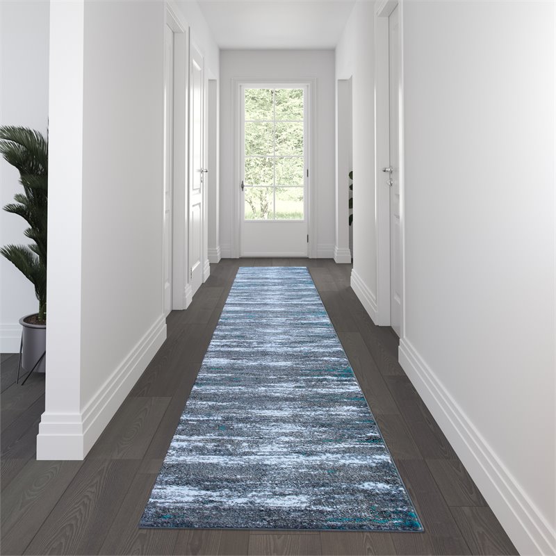 Bowery Hill 31.2 x 186 in Distressed Olefin Area Rug in Turquoise