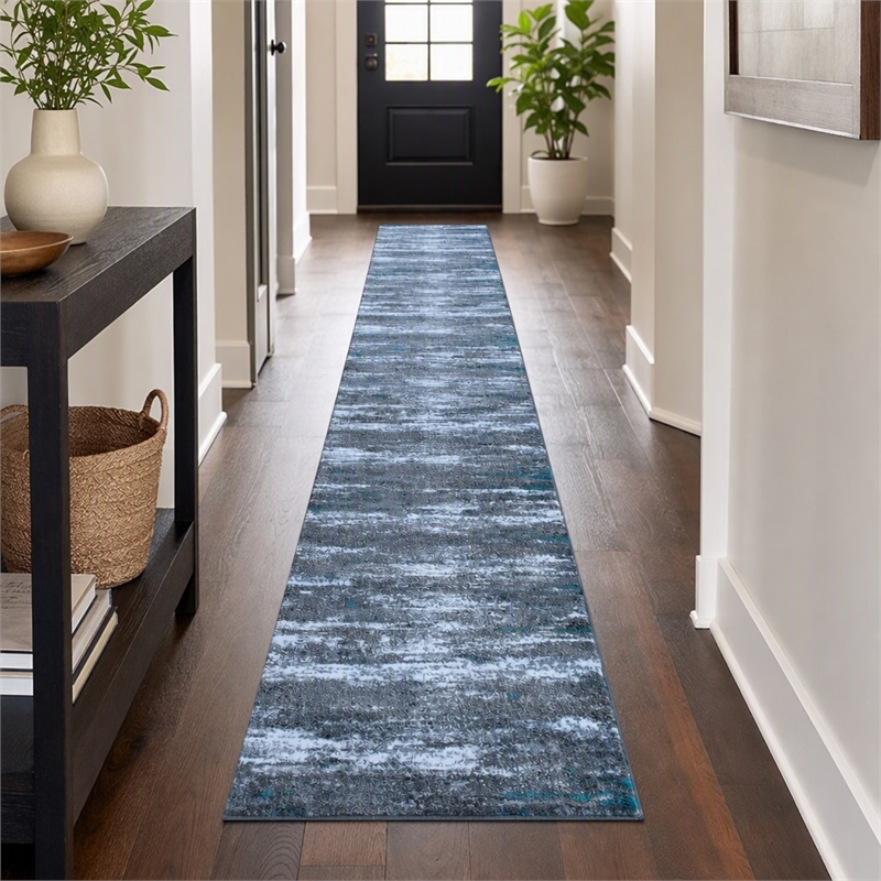 Bowery Hill 31.2 x 186 in Distressed Olefin Area Rug in Turquoise