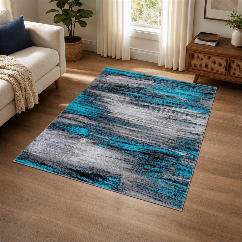 Bowery Hill 72 x 108 in Abstract Olefin Area Rug in Turquoise/Gray