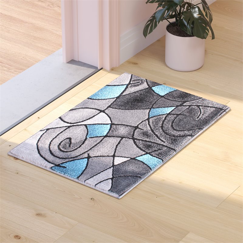 Bowery Hill Abstract 2' x 3' Olefin Accent Rug in Blue and Gray