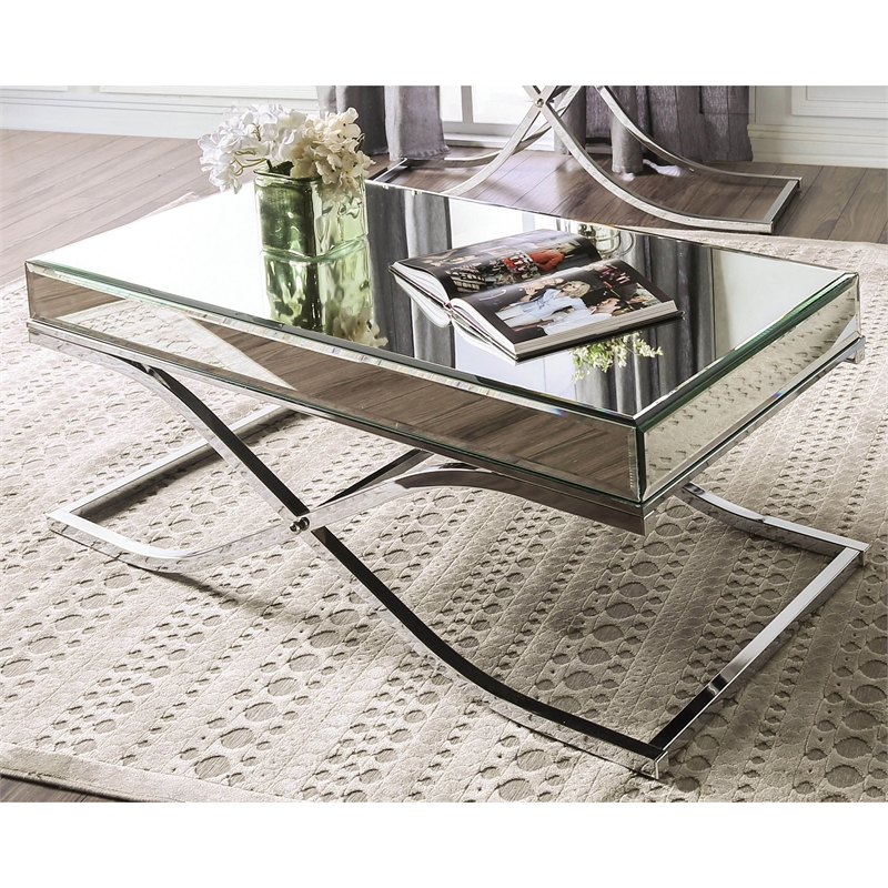 Bowery Hill Contemporary Metal Coffee Table in Chrome Finish with Glass Top