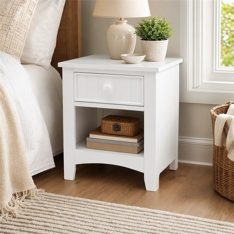 Bowery Hill Solid Wood 1-Drawer Nightstand with Open Shelf in White