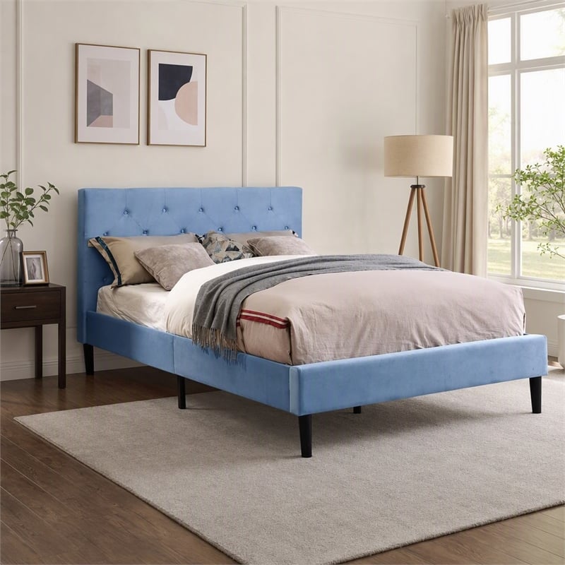 Bowery Hill Fabric Button Tufted Queen Platform Bed in Light Blue