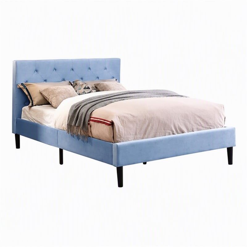 Bowery Hill Fabric Button Tufted Queen Platform Bed in Light Blue
