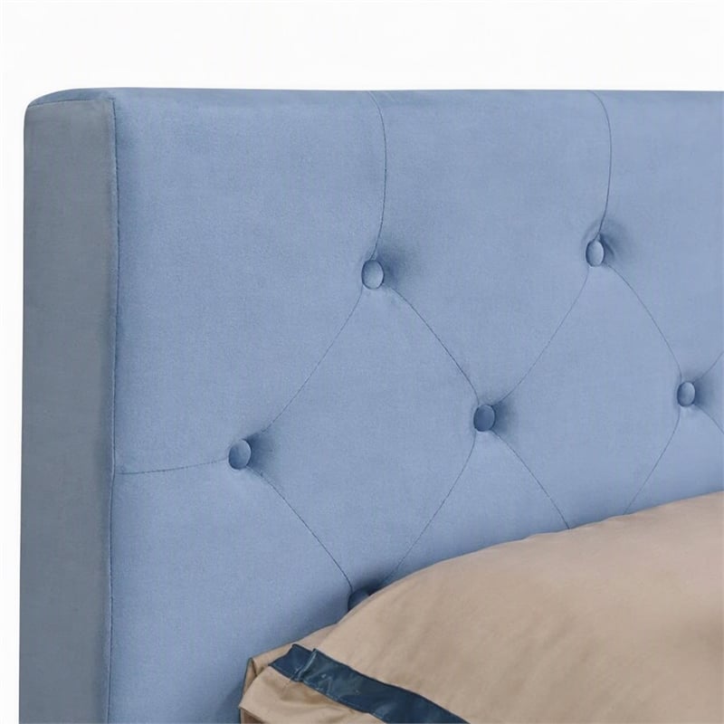Bowery Hill Fabric Button Tufted Queen Platform Bed in Light Blue
