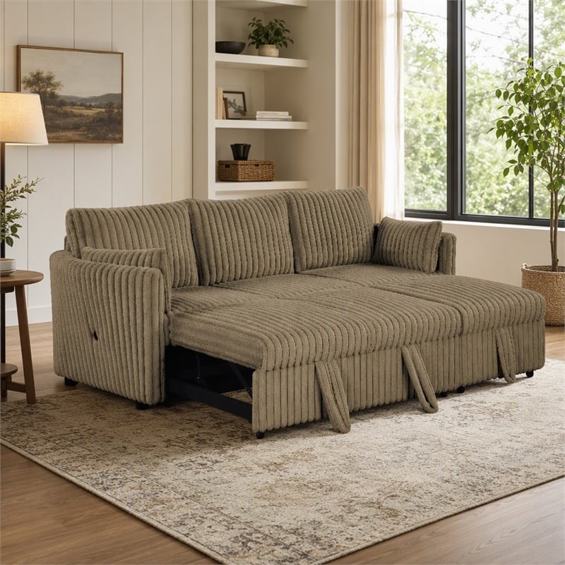 Bowery Hill Faux Fur Modular Pull-Out Sofa in Brown Fabric
