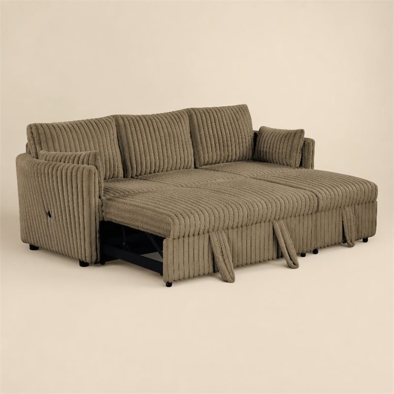 Bowery Hill Faux Fur Modular Pull-Out Sofa in Brown Fabric