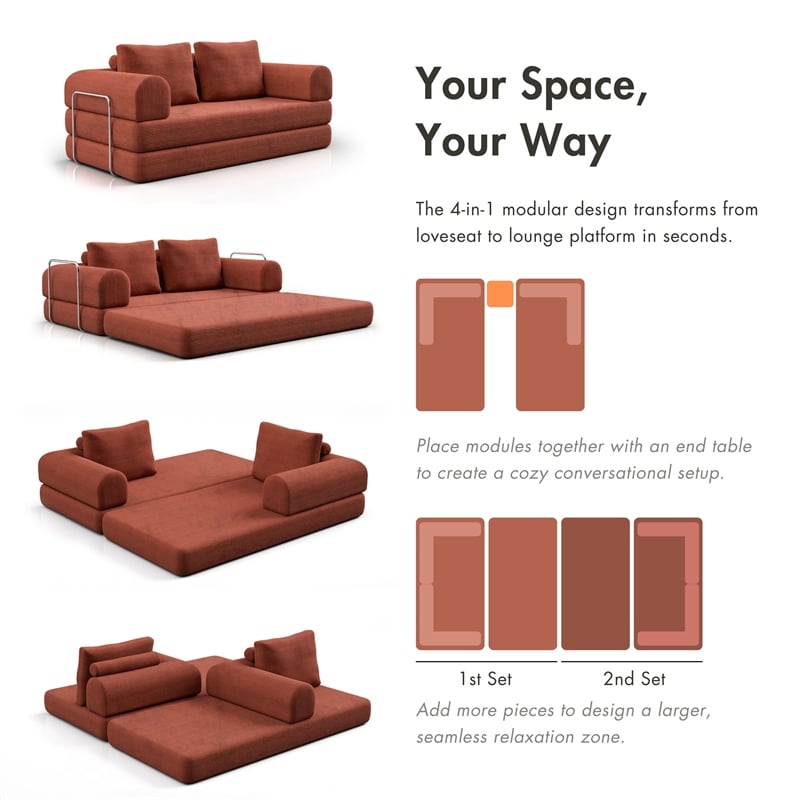 Bowery Hill Modular Foam Sofa with Corduroy Fabric in Rustic Brown