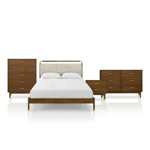 Bowery Hill King Bedroom Set Walnut Solid Rubberwood 4-Piece Mid-Century Modern