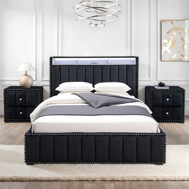Bowery Hill Upholstered Queen Black Bedroom Set with Storage and LED Lights