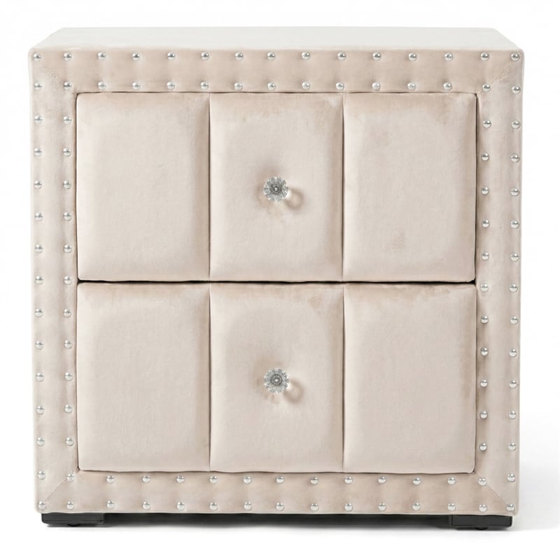 Bowery Hill Upholstered Beige Nightstand Set with Nailhead Trim