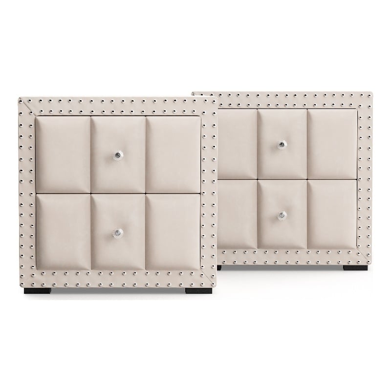 Bowery Hill Upholstered Beige Nightstand Set with Nailhead Trim