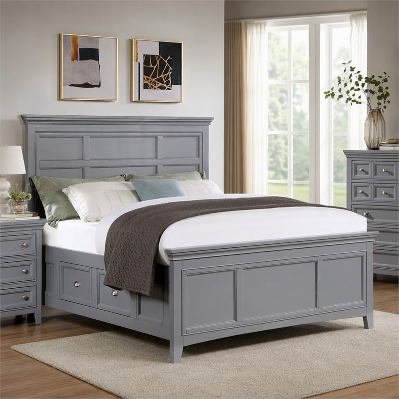 Bowery Hill Transitional Queen Bed with Drawers in Cool Gray Finish