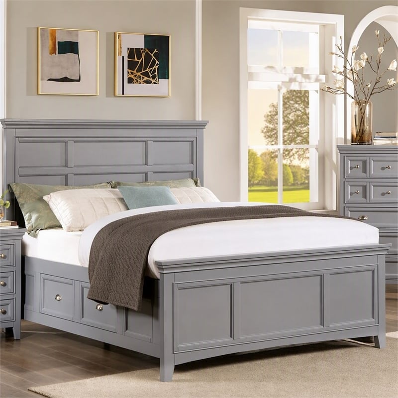 Bowery Hill Transitional Queen Bed with Drawers in Cool Gray Finish