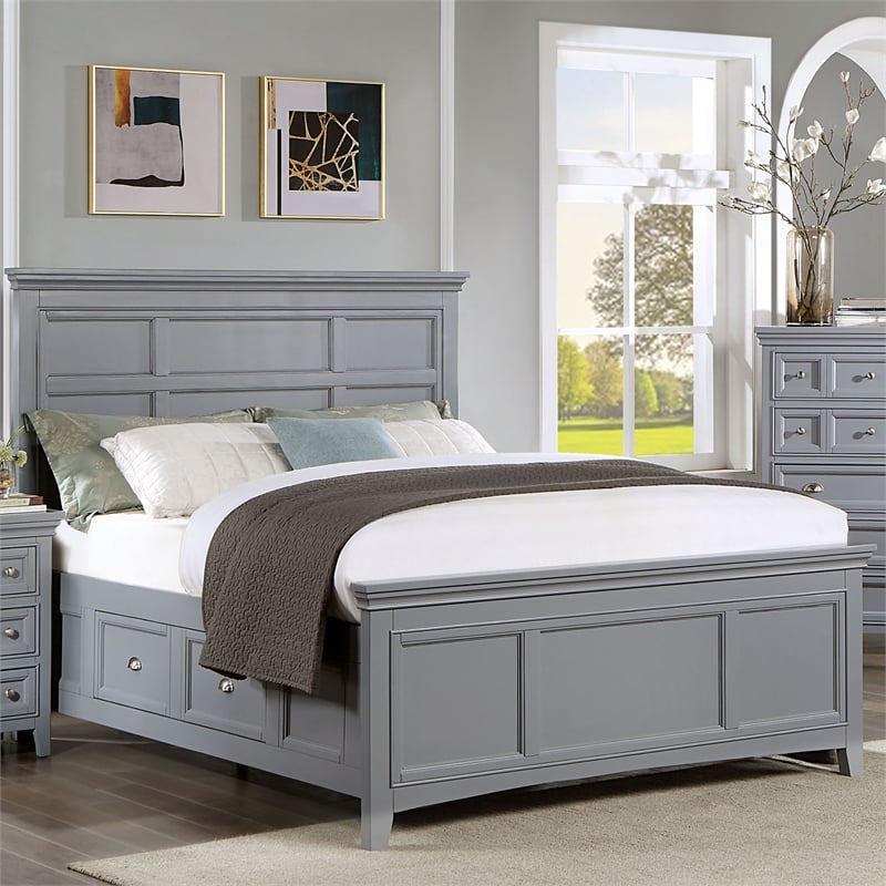 Bowery Hill Transitional Queen Bed with Drawers in Cool Gray Finish