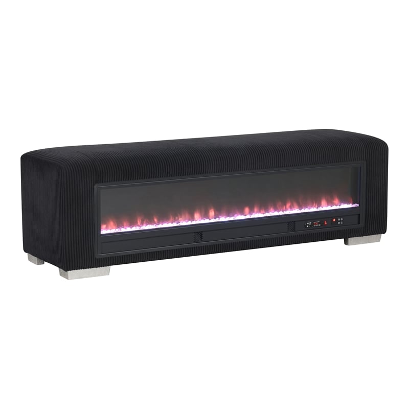 Bowery Hill Black Fabric Bench with Fireplace and Bluetooth Audio