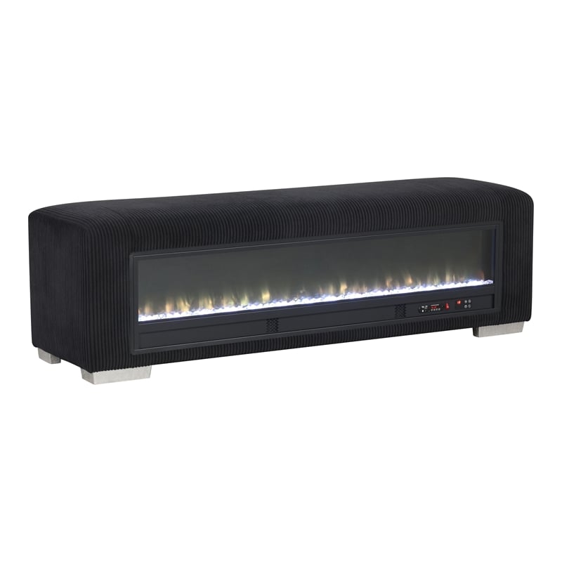 Bowery Hill Black Fabric Bench with Fireplace and Bluetooth Audio
