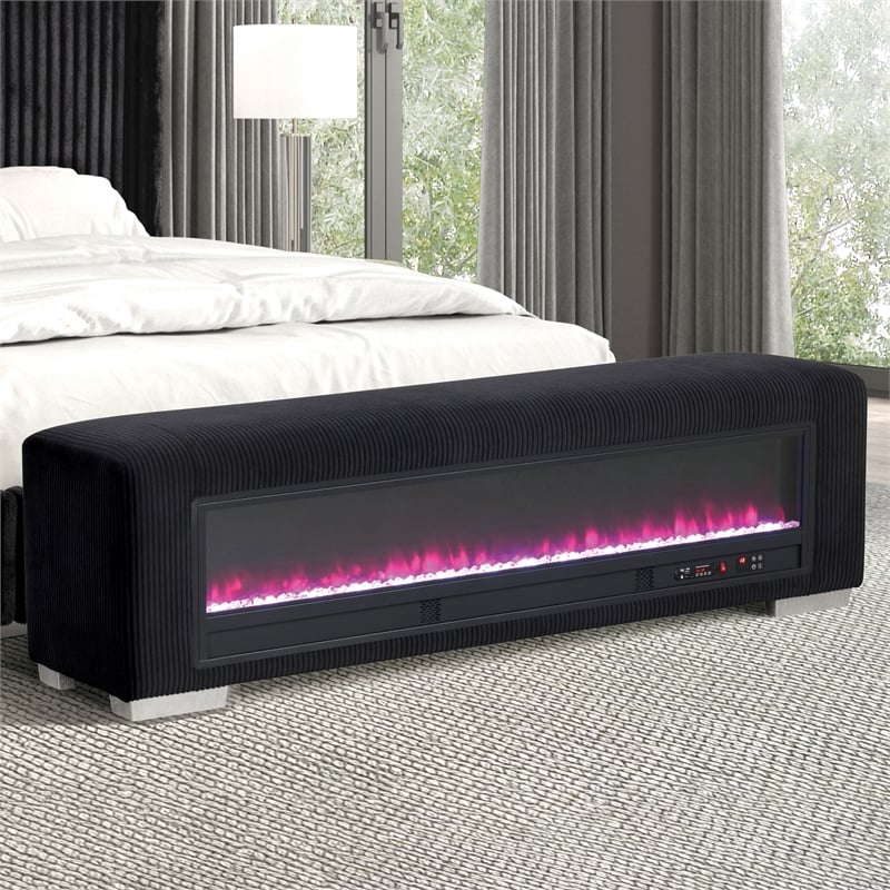 Bowery Hill Black Fabric Bench with Fireplace and Bluetooth Audio