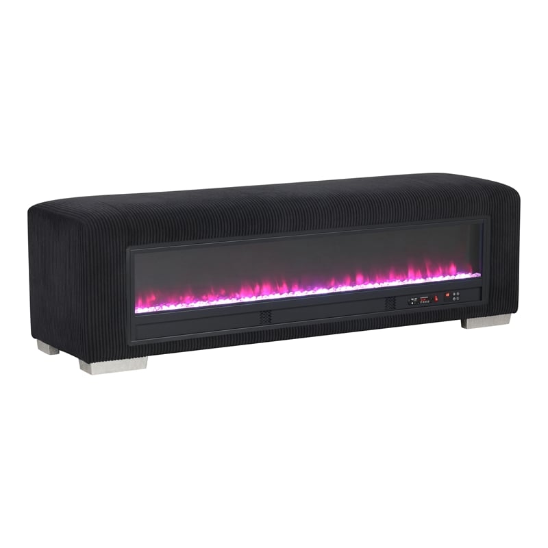 Bowery Hill Black Fabric Bench with Fireplace and Bluetooth Audio