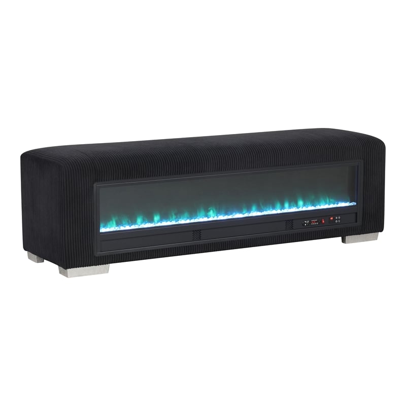 Bowery Hill Black Fabric Bench with Fireplace and Bluetooth Audio