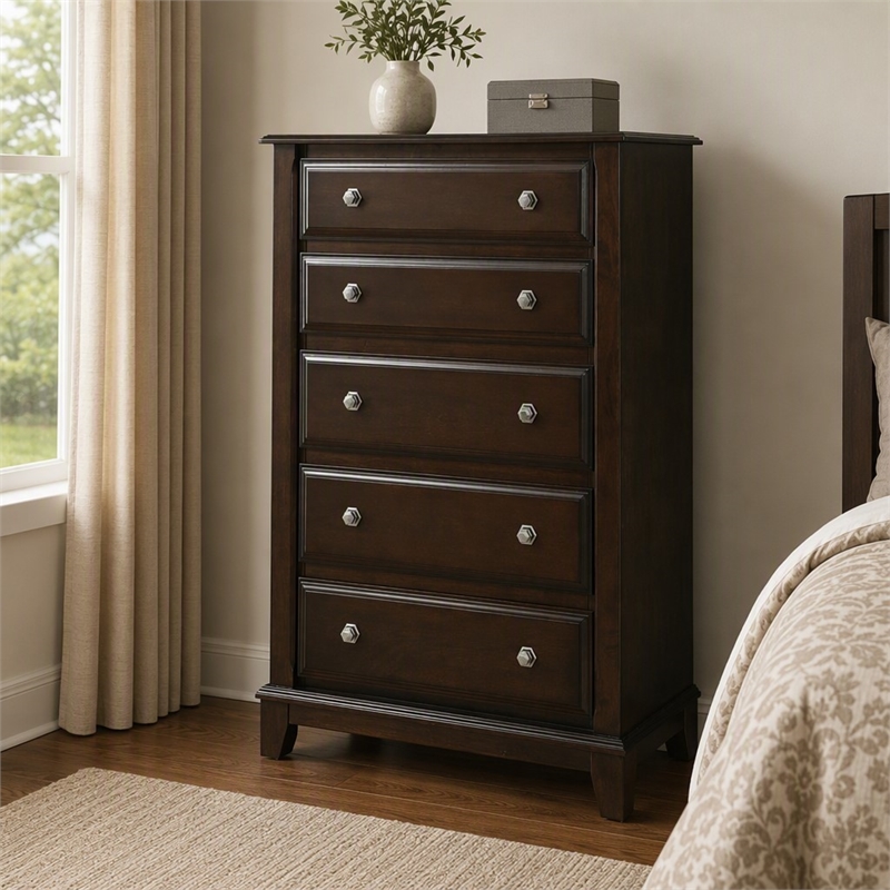 Bowery Hill Solid Wood 5-Drawer Chest in Brown Cherry Finish