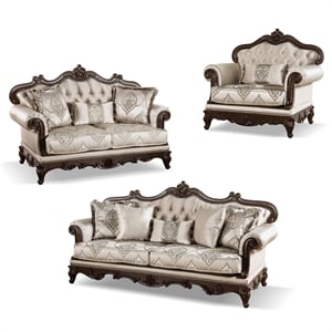 Bowery Hill 3-Piece Beige Fabric Sofa Set with Cherry Wood Details