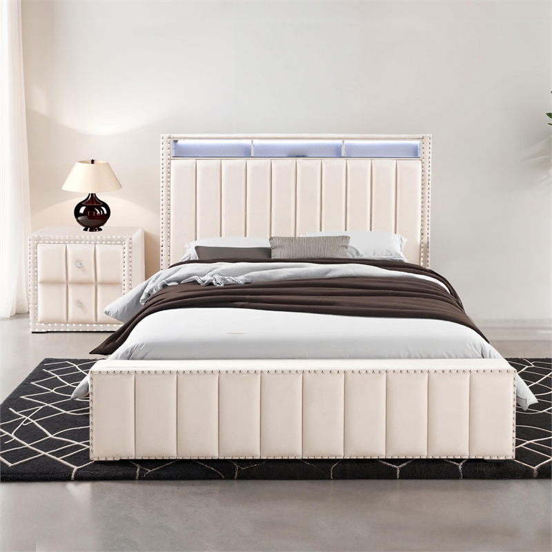 Bowery Hill Beige Fabric Upholstered Full 2-Piece Bedroom Set with LED