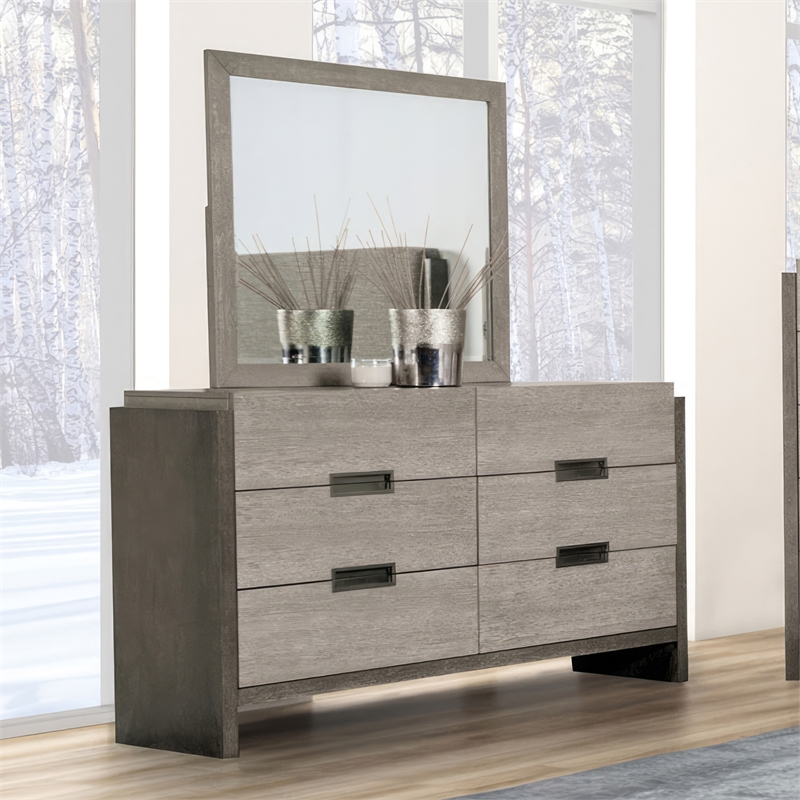 Bowery Hill 6-Drawer Solid Wood Dresser & Mirror Set in Stone Gray