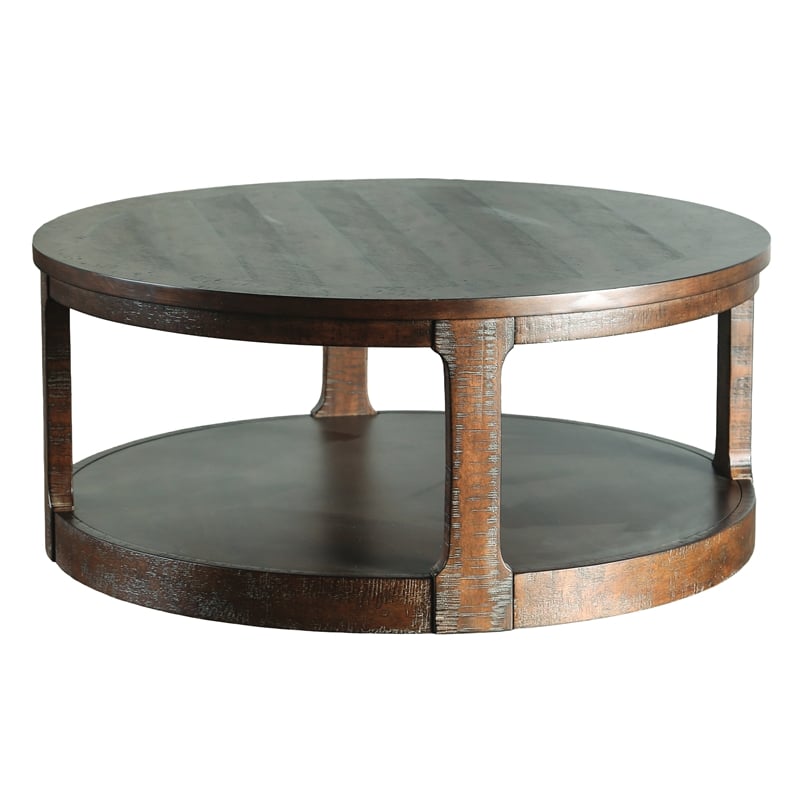 Bowery Hill Solid Wood Coffee Table with Lower Shelf in Distressed Espresso