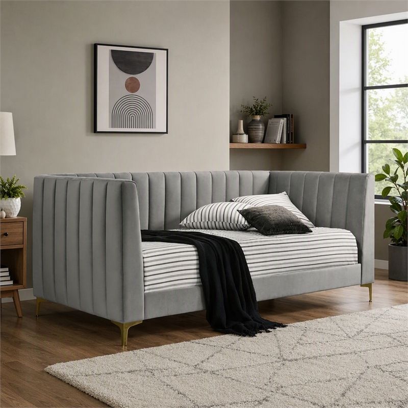 Bowery Hill Tufted Twin Daybed in Light Gray with Metal Legs