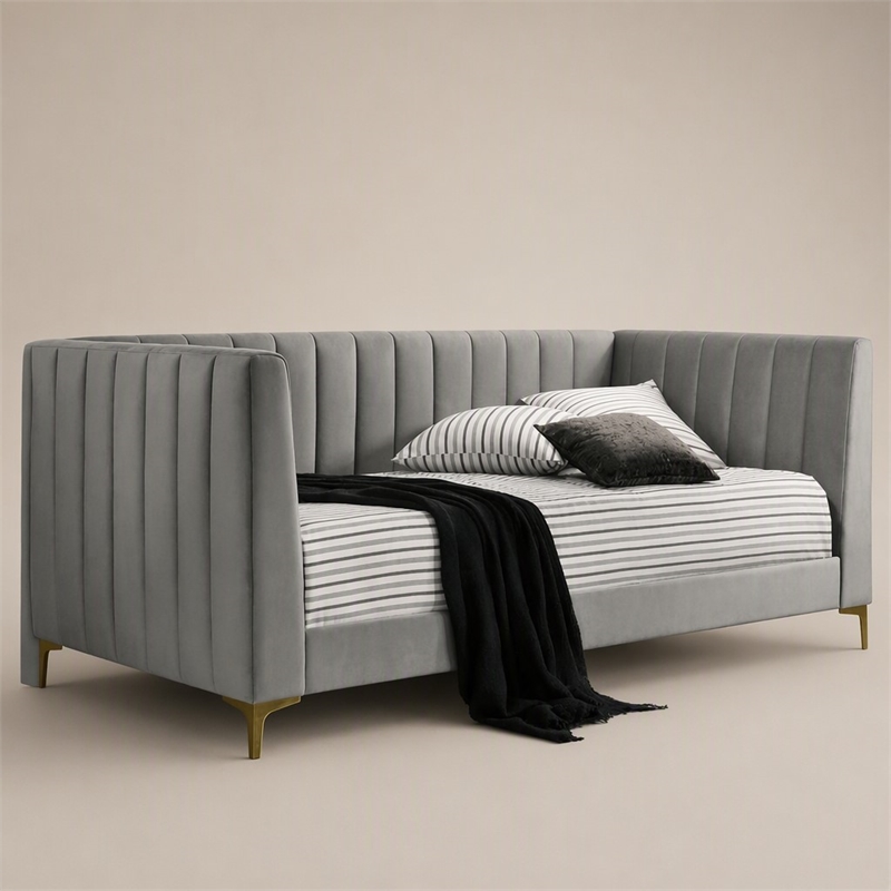 Bowery Hill Tufted Twin Daybed in Light Gray with Metal Legs
