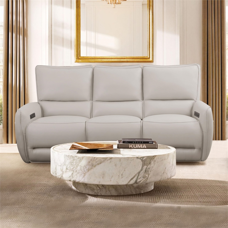 Bowery Hill Beige Leather Power Reclining Sofa with USB Ports and Wood Frame