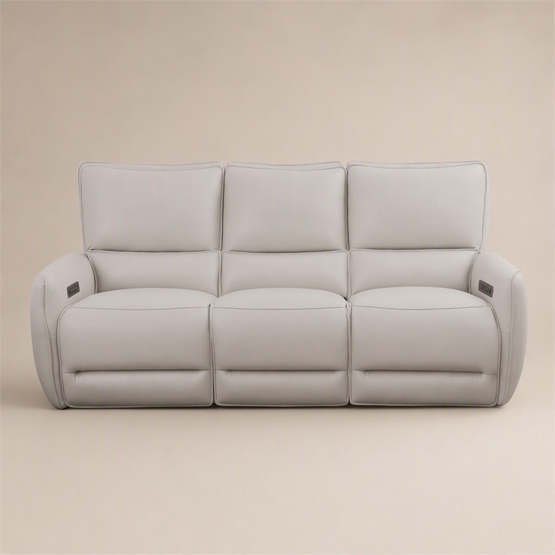 Bowery Hill Beige Leather Power Reclining Sofa with USB Ports and Wood Frame