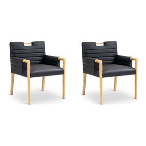 Bowery Hill Set of 2 Black Vegan Leather Dining Arm Chairs with Natural Oak Wood Frame