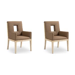 Bowery Hill Set of 2 Brown Vegan Leather Dining Arm Chairs with Solid Wood Frame