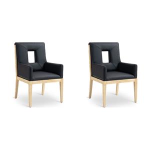 Bowery Hill Set of 2 Black Vegan Leather Dining Arm Chairs with Oak Wood Frame