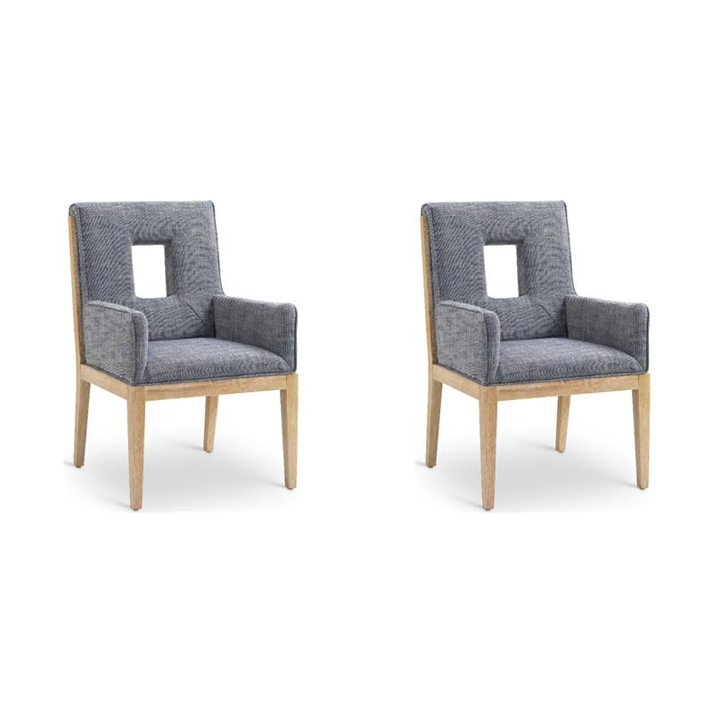 Bowery Hill Set of 2 Navy Linen Dining Armchairs with Natural Oak Frame