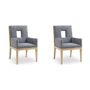 Bowery Hill Set of 2 Navy Linen Dining Armchairs with Natural Oak Frame