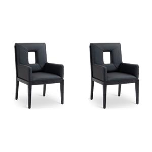 Bowery Hill Set of 2 Black Vegan Leather Dining Arm Chairs with Solid Wood Frame