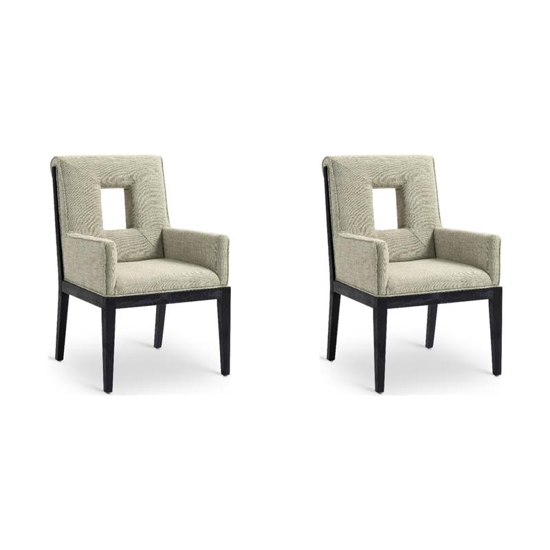 Bowery Hill Set of 2 Green Linen Dining Arm Chairs with Solid Wood Frame