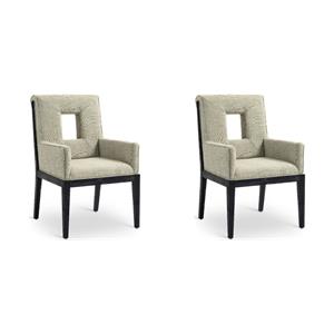 Bowery Hill Set of 2 Green Linen Dining Arm Chairs with Solid Wood Frame
