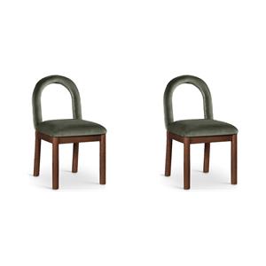 Bowery Hill Set of 2 Green Velvet Dining Chairs with Walnut Wood Legs