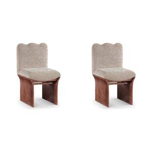 Bowery Hill Set of 2 Beige Chenille Art Deco Dining Chairs with Walnut Oak Veneer Base