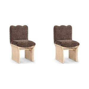 Bowery Hill Set of 2 Dining Chairs in Brown Chenille Fabric with Natural Oak Veneer Base