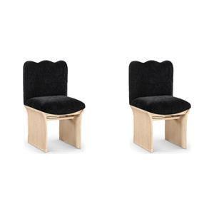 Bowery Hill Set of 2 Black Chenille Upholstered Dining Chairs- Art Deco Style with Oak Veneer Base
